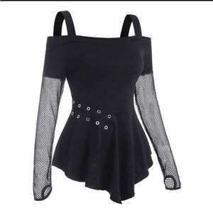 Cold Shoulder Blouse with Grommets. Thumb Holes on Fishnet Long Sleeve’s “Sexy”